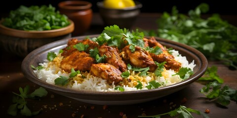 Wall Mural - Indian chicken curry with basmati rice and fresh cilantro on rustic plate. Concept Food Photography, Indian Cuisine, Curry Recipe, Basmati Rice, Cilantro Garnish