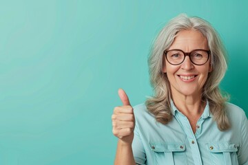 Wall Mural - Portrait of a happy caucasian woman in her 50s showing a thumb up in pastel green background