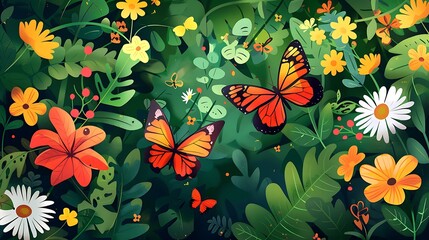 Wall Mural - Butterflies and Blossoms in a Lush Garden