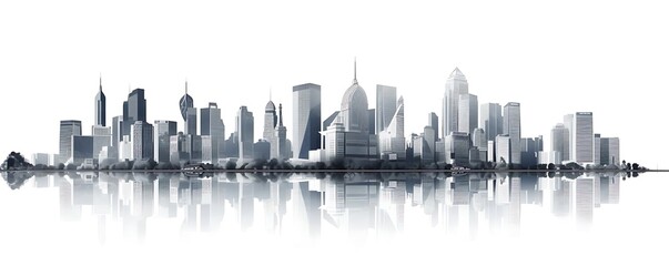 Poster - city skyline reflected on calm waters with a towering tree in the foreground