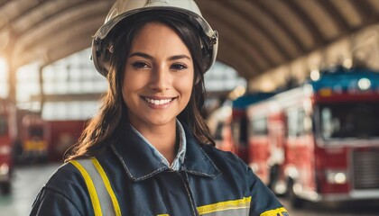 Portrait of a female firefighter, smiling young heroine in copy space of garage with fire trucks