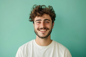 Wall Mural - Portrait of a cheerful man in his 20s smiling at the camera over pastel green background