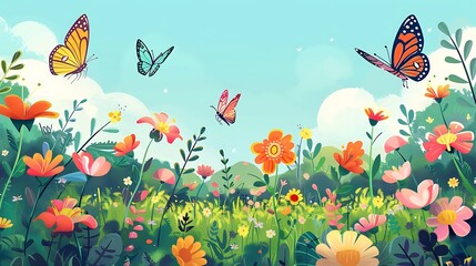 Wall Mural - Butterflies Dancing Over a Colorful Meadow