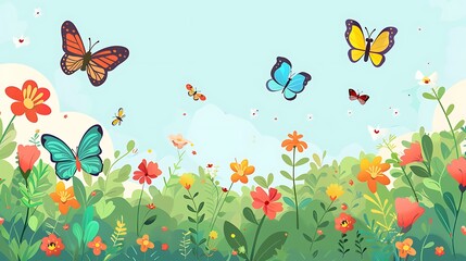 Wall Mural - Colorful Butterflies Fly Over Blooming Garden