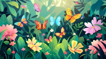 Wall Mural - Colorful Butterflies in a Lush Garden