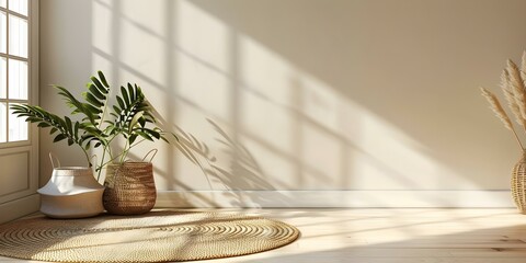 Wall Mural - Boho room with empty beige wall mockup and natural daylight window. Concept Interior Design, Bohemian Decor, Room Mockup, Natural Lighting, Beige Wall