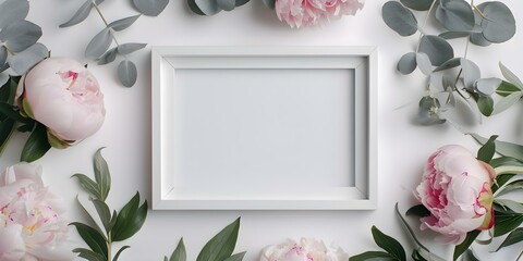 Poster - Closeup of blank frame surrounded by pink peonies and eucalyptus leaves. Concept Closeup Photoshoot, Blank Frame, Pink Peonies, Eucalyptus Leaves