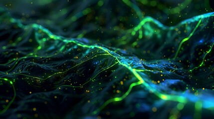 Wall Mural - A closeup of an organic cell structure, with glowing green and yellow veins on a dark background.