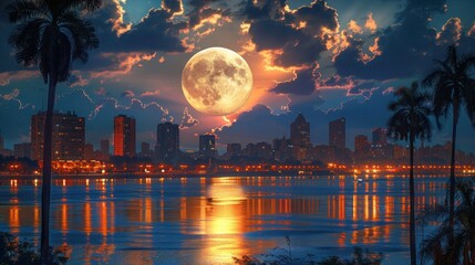 Wall Mural - Full Moon Over City Skyline at Night