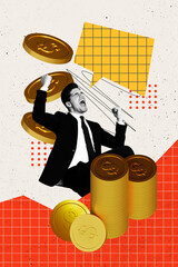 Sticker - Vertical photo collage of happy businessman happy scream dollar golden coin transaction profit success deal isolated on painted background