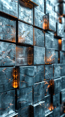 Poster - Luxurious Polished 3D Square Wall of Silver Tiles with Reflective Surface and Subtle Illumination - Modern Art Background Concept