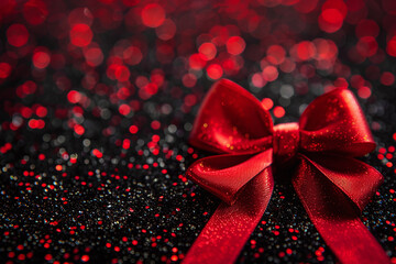 Wall Mural - red ribbon and bow with gold sparkles on black and red background