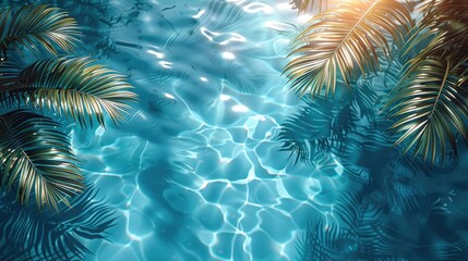 Wall Mural - 3D rendering of palm leaves shadow on the water surface in a swimming pool with a light blue background