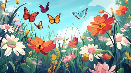 Wall Mural - Colorful Butterflies Flutter Above a Spring Meadow