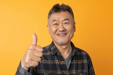 Wall Mural - Portrait of a smiling asian man in his 50s showing a thumb up in pastel orange background