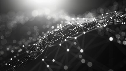 Abstract black background with white dots connected in the form of low poly network or communication concept.
