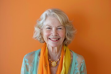Wall Mural - Portrait of a smiling woman in her 70s smiling at the camera while standing against pastel orange background
