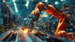 © ChomchoeiFoto - Robot welding in a high tech industrial environment with sparks flying dark background