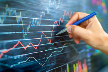 Wall Mural - Hand writing financial data and chart, represent financial growth and volatility in stock market or investment, financial report graph and chart