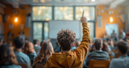 Aufkleber - A man raises his hand in an audience at a presentation. The audience is listening to a speaker who is standing in front of the room.