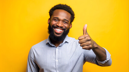 Young bearded black guy showing thumbs up, smiling on camera yellow background