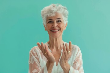 Poster - Portrait of a cheerful caucasian woman in her 70s joining palms in a gesture of gratitude over pastel teal background