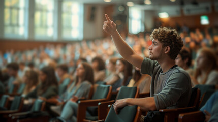 Poster - A student raises his hand to ask a question during a lecture in a university lecture hall.
