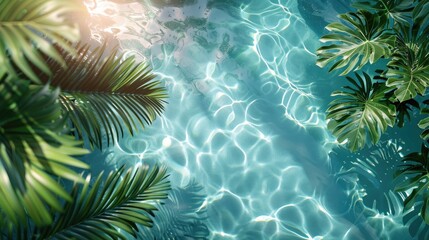 Wall Mural - 3D rendering of palm leaves shadow on the water surface in a swimming pool with a light blue background