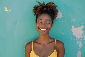 Canvas Print - Portrait of a happy afro-american woman in her 20s smiling at the camera in front of pastel teal background