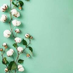Poster - A single white cotton branch with green leaves extends from the left side of the image against a mint background.
