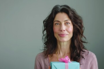 Canvas Print - Portrait of a glad woman in her 30s holding a gift isolated in pastel gray background