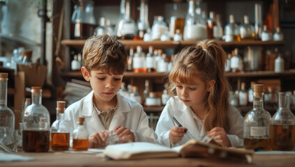 Aufkleber - Two children in white lab coats study chemistry in a lab setting, surrounded by glass bottles and a wooden workbench.
