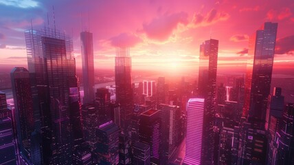 Wall Mural - The futuristic cityscape glows with neon colors during a stunning sunrise, forming a majestic and captivating view AIG59