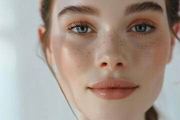 Wall Mural - Close-up portrait of a woman with flawless skin, showcasing her natural beauty in a stunning beauty concept.