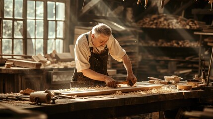 Wall Mural - An experienced artisan carefully shapes wooden elements, demonstrating the art of fine woodworking in his cluttered workshop. AIG41