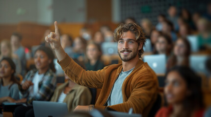 Poster - A young man raises his hand to ask a question during a lecture in a university lecture hall.