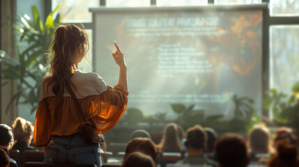 Poster - During a classroom lecture, a woman with long brown hair raises her hand. The presenter is on a screen and the class is seated in rows of chairs.