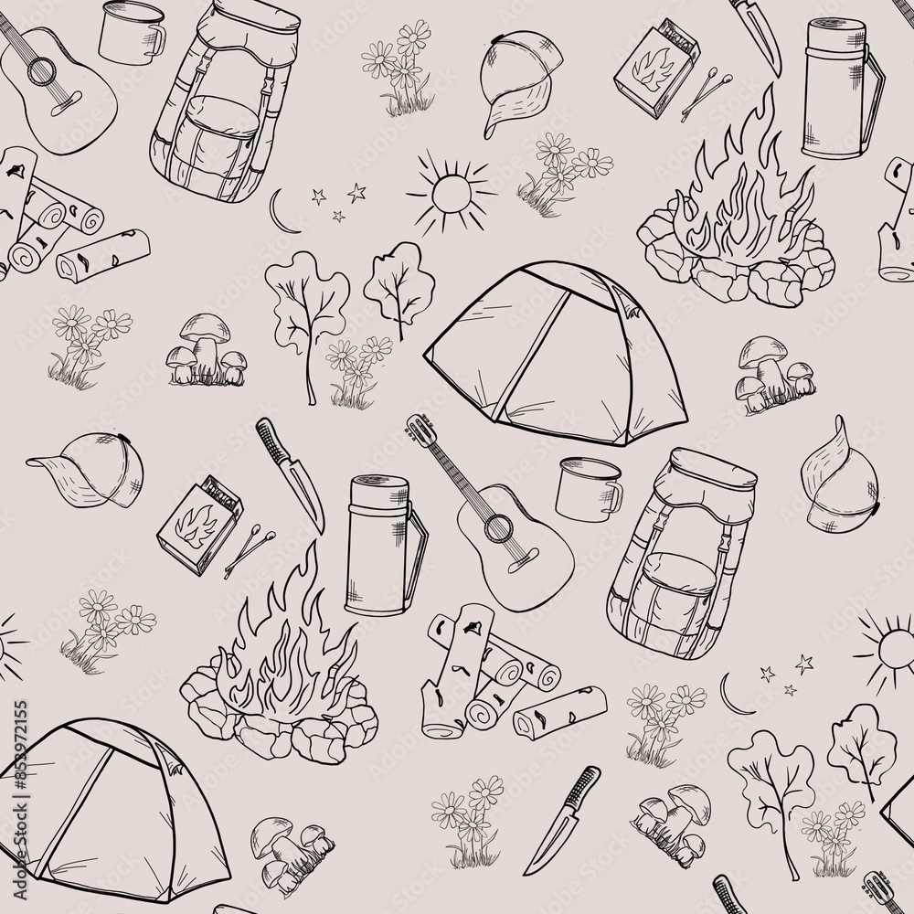 Seamless patter sketch illustration hand drawn set of camping elements ...
