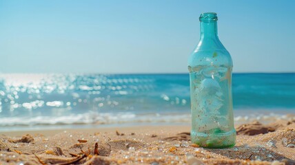 Wall Mural - Sunlit glass bottle on sandy beach with clear blue ocean in background