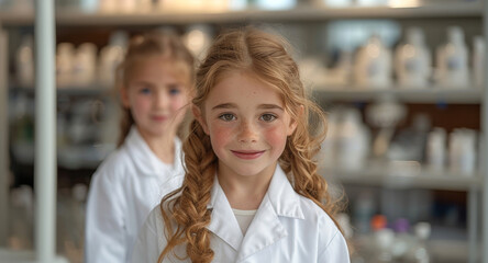 Aufkleber - A young girl in a lab coat smiles at the camera while standing in a science lab with shelves of equipment behind her.