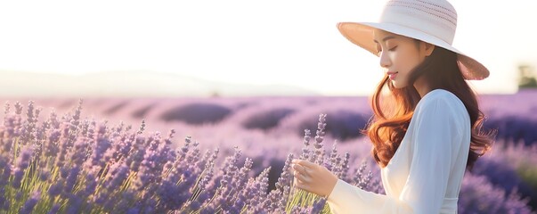 Poster - lavender fields under a blue sky, with a person wearing a white hat and long hair, and a hand visible in the foreground