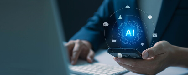Aufkleber - Professional businessman using smartphone for AI technology integration, showcasing digital transformation in a modern office with a focus on data management, analytics, and cyber security