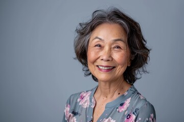 Canvas Print - Portrait of a satisfied asian woman in her 60s smiling at the camera isolated in pastel gray background