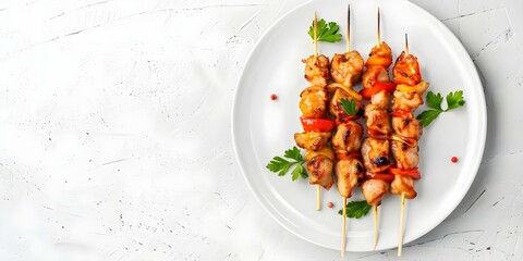Wall Mural - Top view of yakitori plate on plain background. Concept Food Photography, Top View, Japanese Cuisine, Yakitori Plate, Plain Background