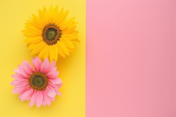 Wall Mural - Beautiful bouquet of two yellow and pink sunflowers on vibrant yellow and pink background with space for text