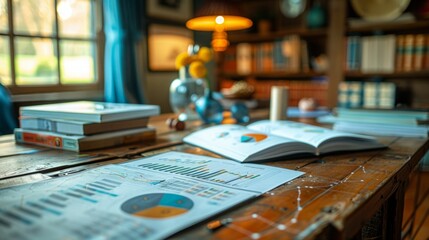 Poster - A close-up shot of an open book with charts and graphs on a wooden table in a home office.