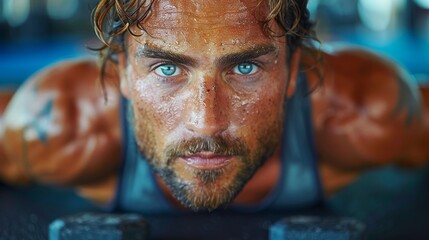 Close-up image of a male athlete with sweat on his face, showing determination and focus during a workout