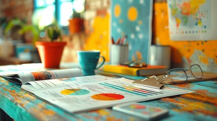 Poster - A desk with a colorful open notebook with charts and graphs. Glasses, a mug, and a stack of papers are also on the desk.