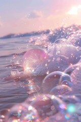 light white transparents fabolous drops upon the waves,  water, sparkling, backwash, pink, lilac and purple color palette