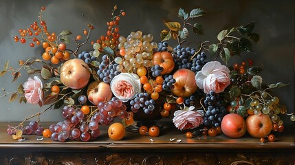 Poster - Still Life With Grapes, Peaches, Roses, and Berries on a Wooden Table